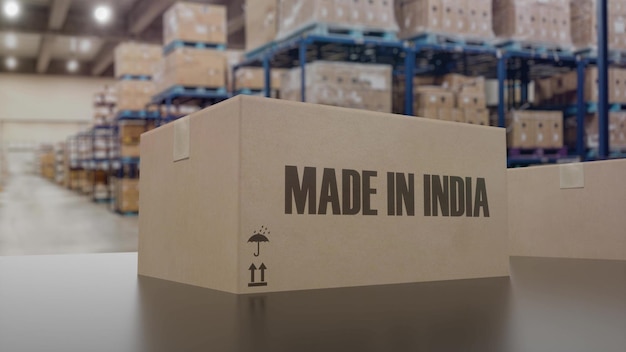 Boxes with MADE IN INDIA text on conveyor 3d illustration