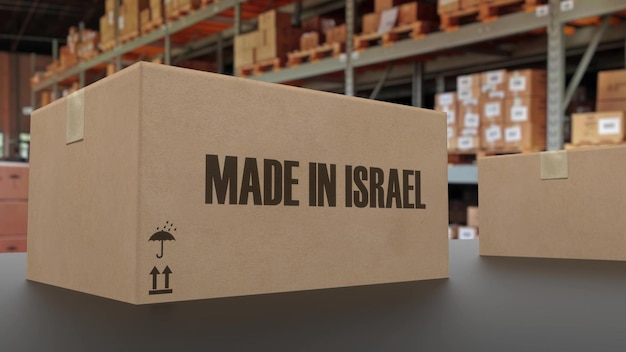 Boxes with MADE IN ISRAEL text on conveyor 3d rendering