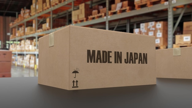 Boxes with MADE IN JAPAN text on conveyor 3d rendering