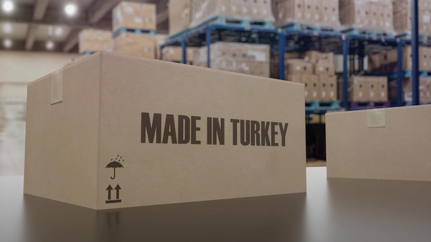 Boxes with MADE IN TURKEY text on conveyor 3d illustration