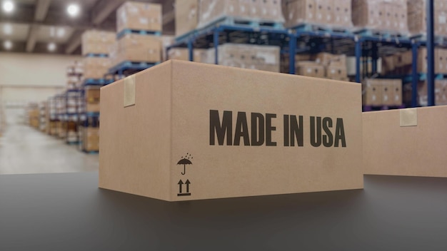 Boxes with MADE IN USA text on roller conveyor 3d illustration