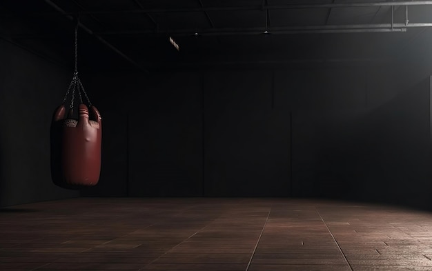 A boxing bag hangs from a wall in a dark gym.