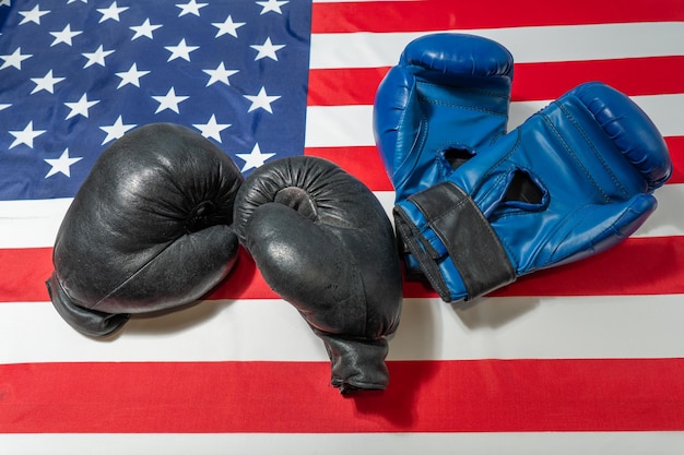 Boxing gloves and a background with an American flag Top view place to copy