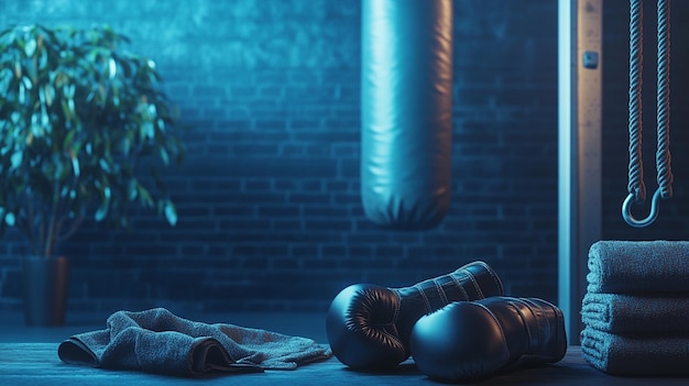 Photo boxing gloves and a ball on a floor with a tree in the corner