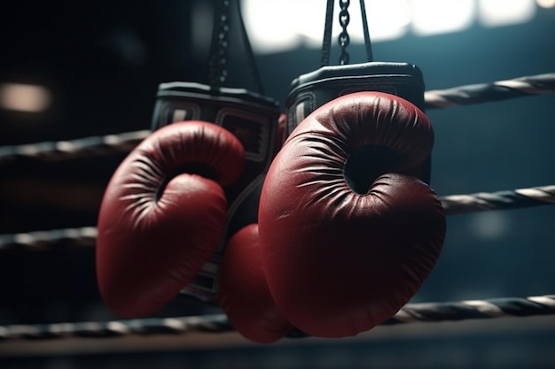 Boxing gloves hanging on a rope in a gym