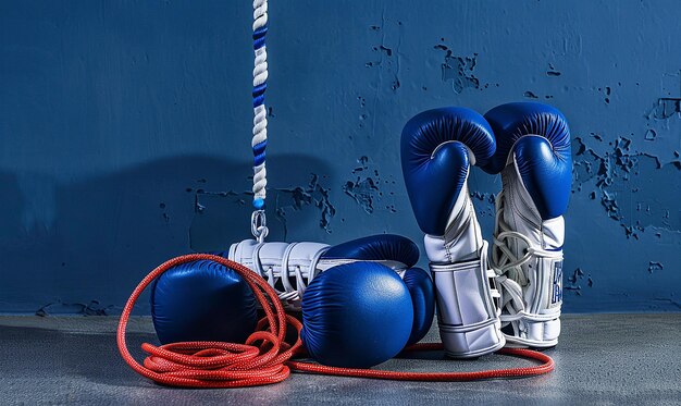 Photo boxing gloves and jump rope draped together