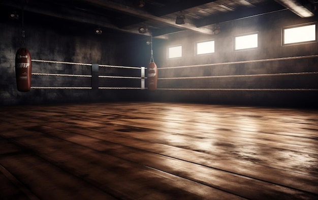 A boxing gym with a light on the wall