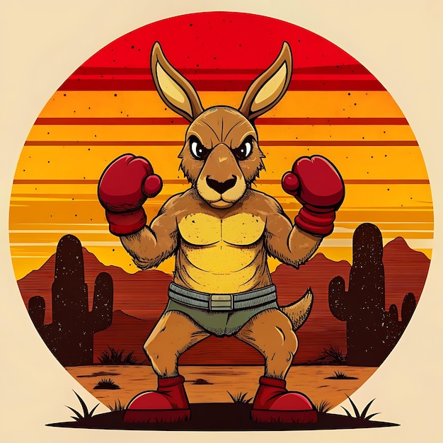 Boxing Kangaroo TShirt Design with Desert Sunset Background