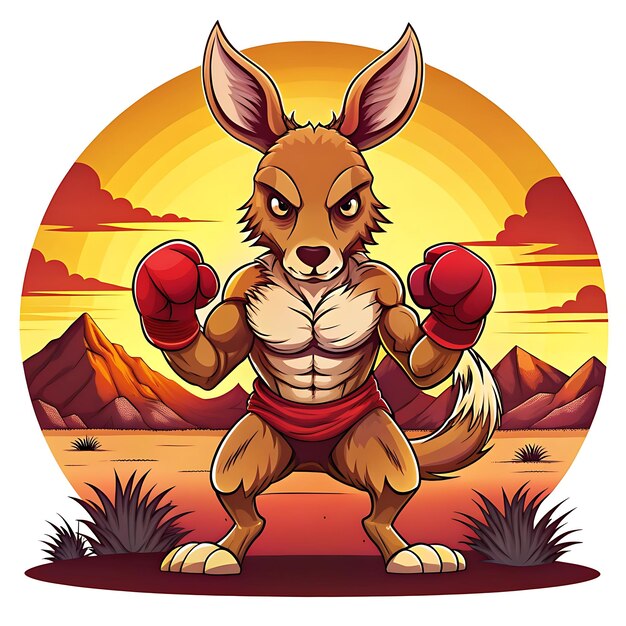 Boxing Kangaroo TShirt Design with Desert Sunset Background