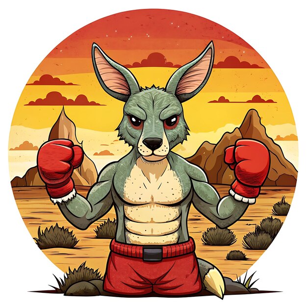 Boxing Kangaroo TShirt Design with Desert Sunset Background