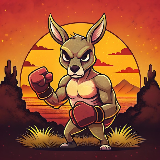 Boxing Kangaroo TShirt Design with Desert Sunset Background