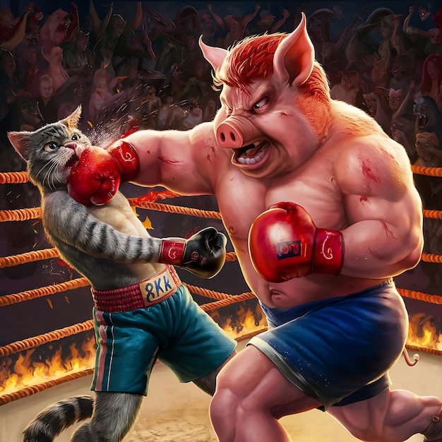 a boxing match with a cat and a tiger on the back of it