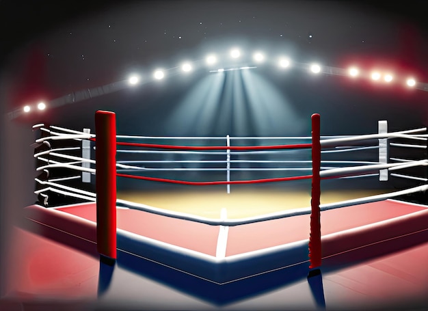 Boxing ring with illumination by spotlights