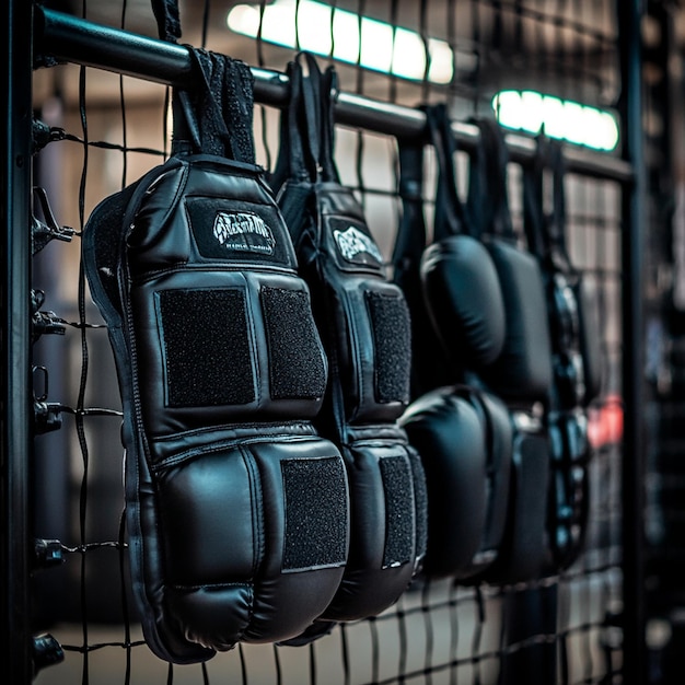 Photo boxing training equipment with copy space boxing gloves body armor and boxing pads in the boxing ring