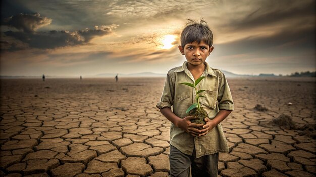 Boy are stand holding seedlings are in dry land in a warming world