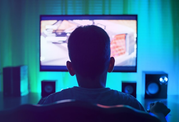 Boy as anonymous using a computer or playing a game View from back