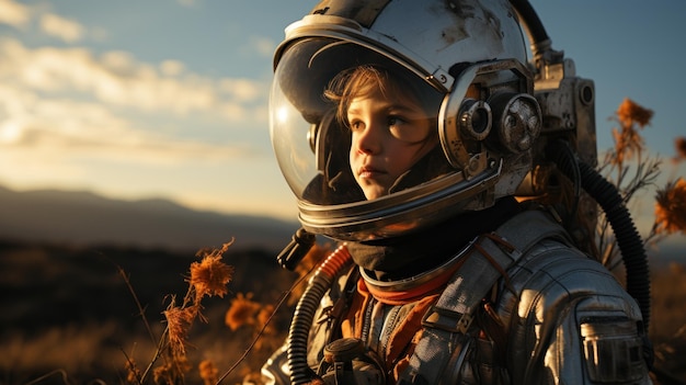 Boy in astronaut costume looking up at sunset