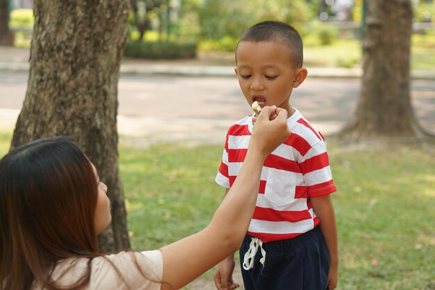 The boy ate ice cream that his mother gave him