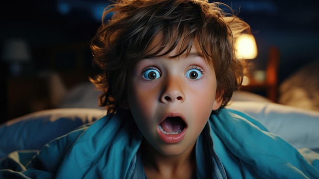 Boy in Bed WideEyed and OpenMouthed in Shock and Surprise