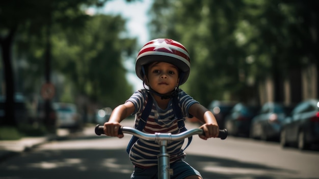 A boy on a bike wearing a star helmet