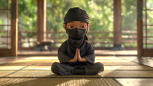 a boy in a black mask sits on a mat with his hands in front of a tree