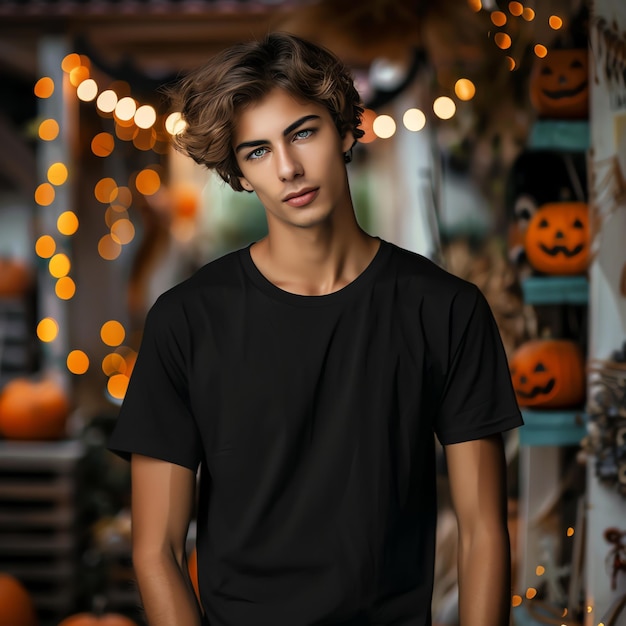 Photo a boy in a black shirt stands in front of a pumpkin with the words happy halloween on it