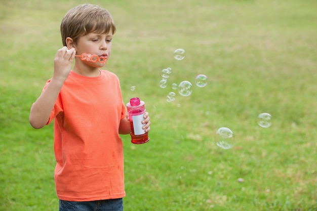 Boy blowing soap bubbles at park