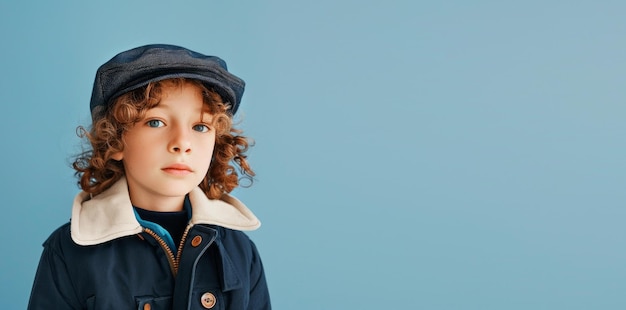 Photo a boy in a blue coat stands in front of a blue background