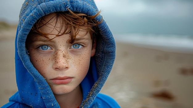 A boy in a blue hoodie against a backdrop of sandy beach