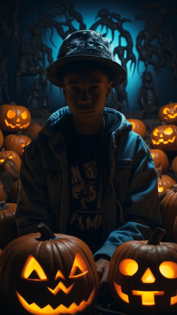 a boy in a blue jacket sitting in front of a bunch of pumpkins