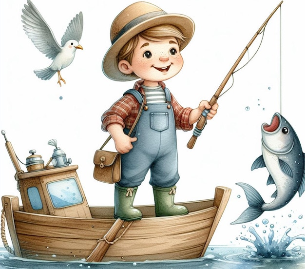 a boy in a boat with a fish in his hand and a fish in the background