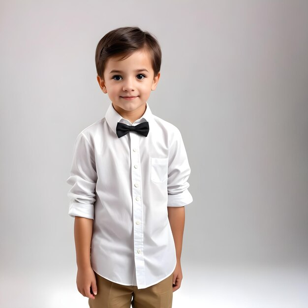 Photo a boy in a bow tie stands in a room with a table and a chair