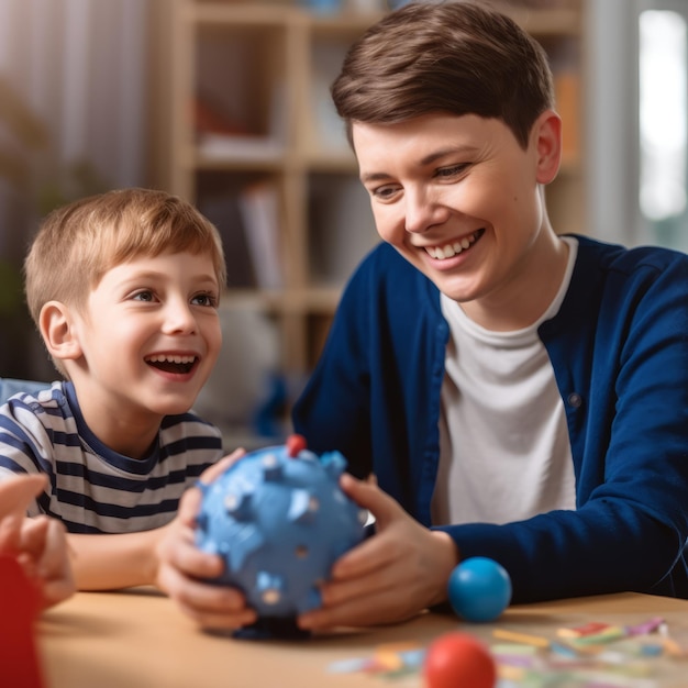 A boy and a boy playing with a piggy bank