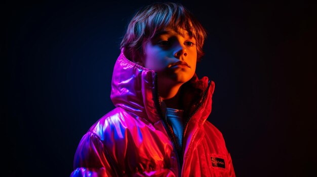 A boy in a bright neon jacket stands in front of a black background.