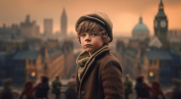 A boy in a brown coat stands in front of a cityscape.