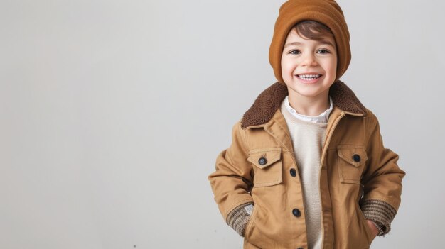 Photo a boy in brown jacket and beanie smiles hands in pockets