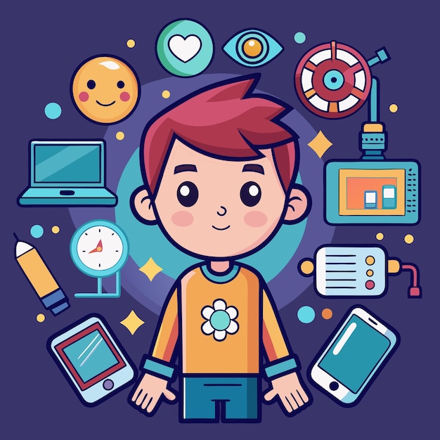 Boy Cartoon Character Surrounded by Technology