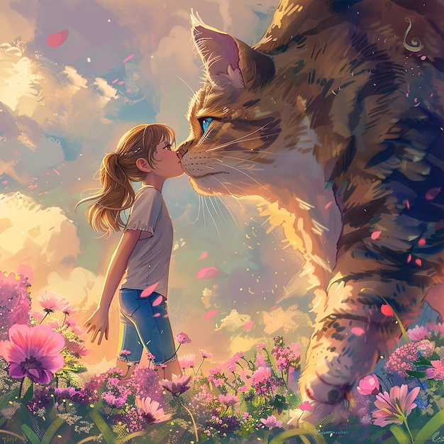 a boy and a cat are in a field of flowers