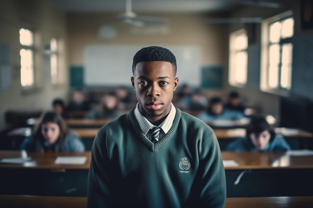 A boy in a classroom with a school uniform