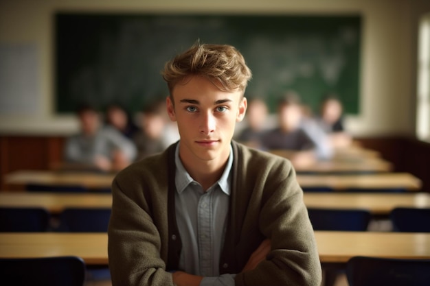 A boy in a classroom with a school uniform