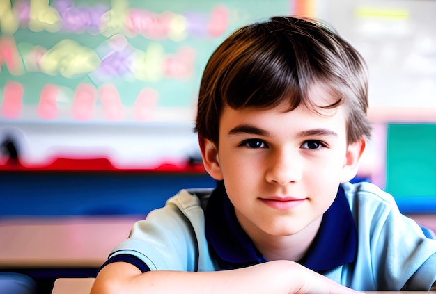 A boy in a classroom with a sign that says'school of education '