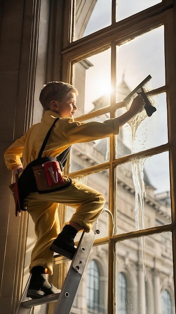 Boy cleaning windows