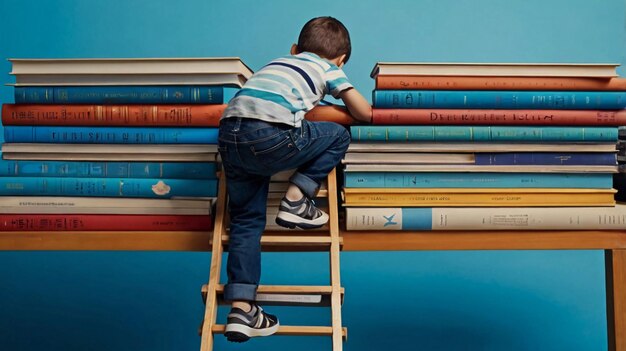 boy climbing ladder reaching for book