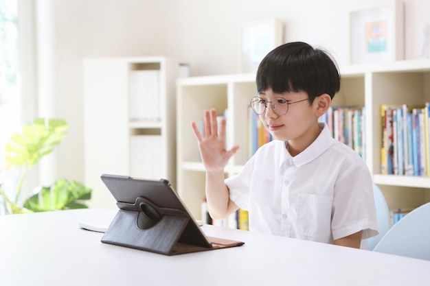 Boy communicating with teacher and friends while teaching video lessons at home through internet