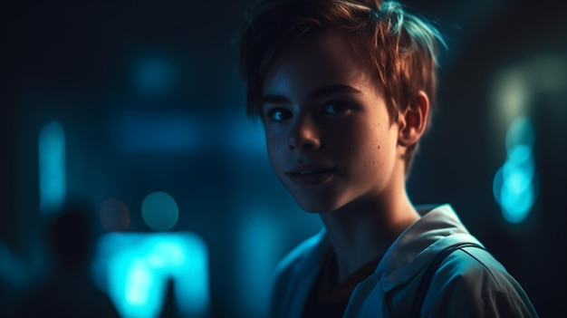 A boy in a dark room with a blue light behind him.