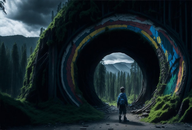 A boy on a dilapidated sidewalk looking through a dirty graffiti wall into a round portal