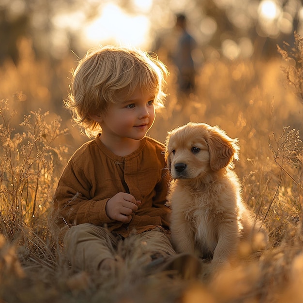 Photo a boy and a dog are in a field with the sun behind them