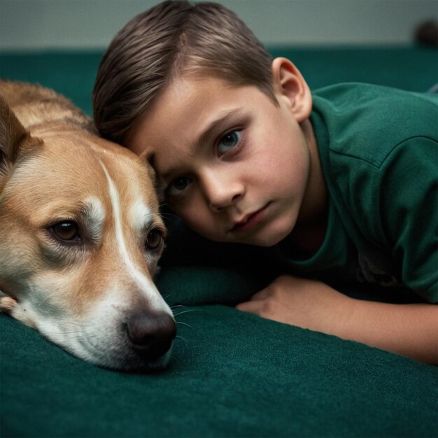 Photo a boy and a dog are laying on a green carpet