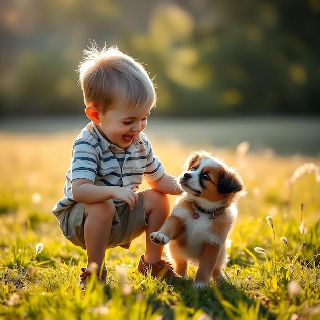 Photo a boy and a dog are playing in the grass