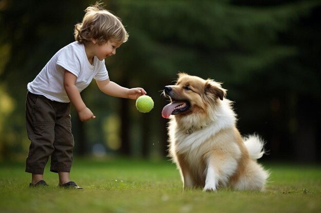 Photo a boy and a dog are playing with a ball and the boy is playing with it